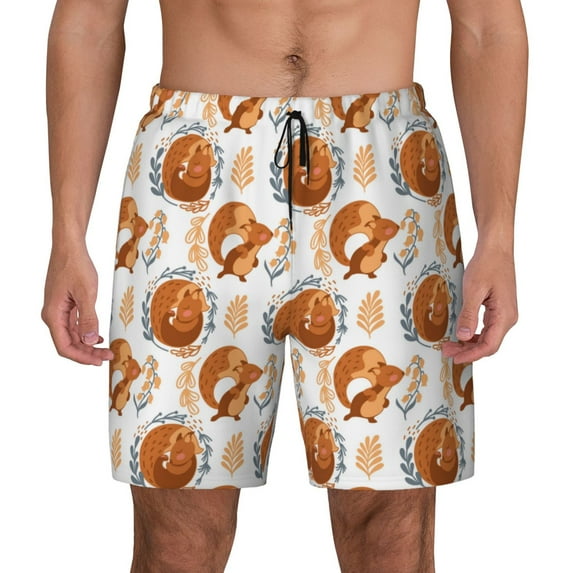 Kdxio Cute Squirrel Print Men's Swim Trunks with Compression Liner 7 Inch Inseam Quick Dry Swim Shorts