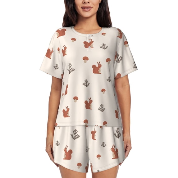 Kdxio Cute Squirrel Print Pajamas Sets for Women Short-Sleeved Pjs with Lounge Shorts Two Piece Sleepwear S-4XL
