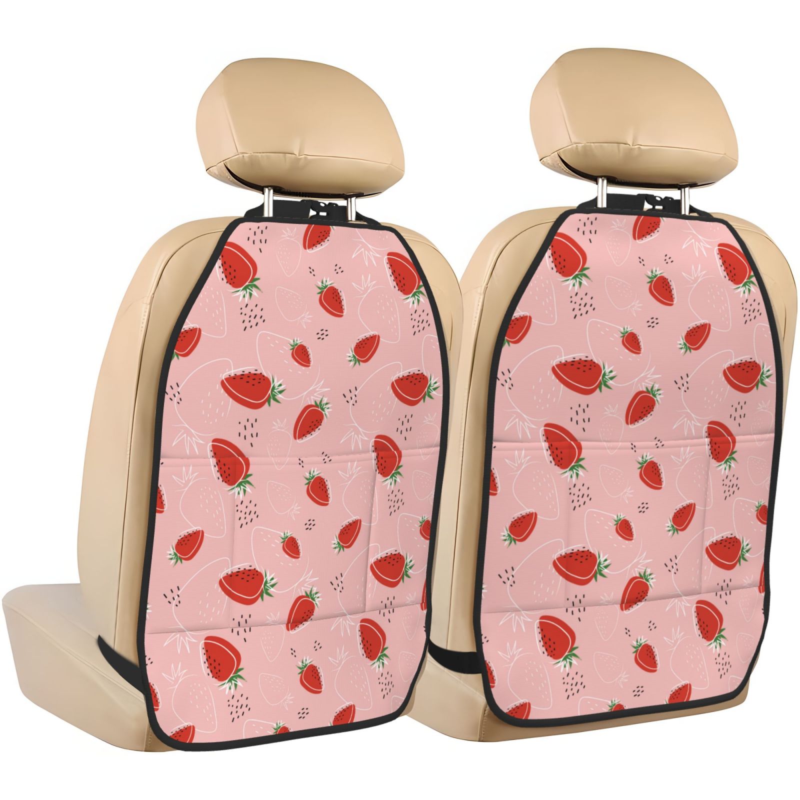 Kdxio Cute Strawberry C Print 2 Pack Car Kick Mat Seat Cover Back Protector Mat with Pockets for Organizer Backseat Protector and Storage Anti Kick Pad for Vehicles
