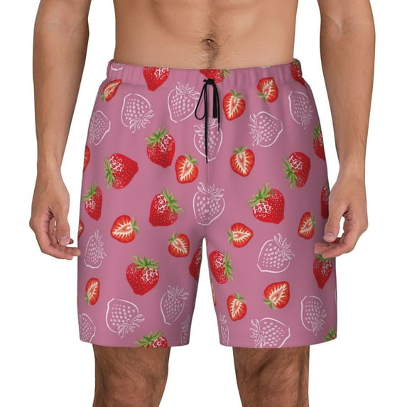 Kdxio Cute Strawberry Print Men's Swim Trunks with Compression Liner 7 Inch Inseam Quick Dry Swim Shorts
