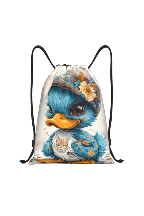 Cute Sunflower Blue Duck Print Drawstring Backpack Bag,Waterproof Draw String Back Sack, Gym Drawstring Bags Swim Bag For Unisex