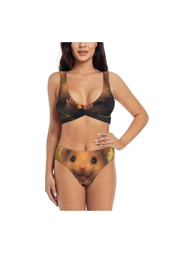 Cute Sunflower Guinea Pig Print Women's 2 Piece High Waisted Wrap Spaghetti Strap Summer Swimsuit Bikini Set-Small