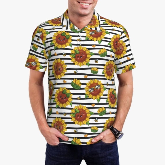Kdxio Cute Sunflowers Print Men's Short Sleeve Polo Shirt,Midweight Men's Shirt