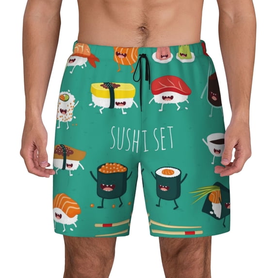 Kdxio Cute Sushi Print Men'S Swim Trunks With Compression Liner 7 Inch Inseam Quick Dry Swim Shorts