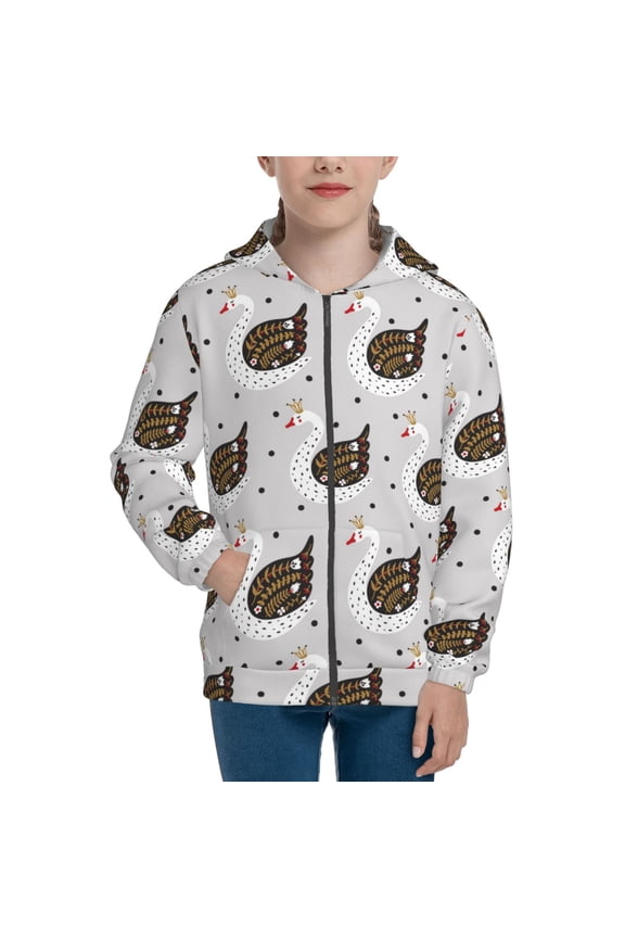 Cute Swan Pattern Kids Boys Girls Zip Up Hoodie 3D Printed Hooded Sweatshirt Hoody Coat with Pocket 7-12 Y-Medium