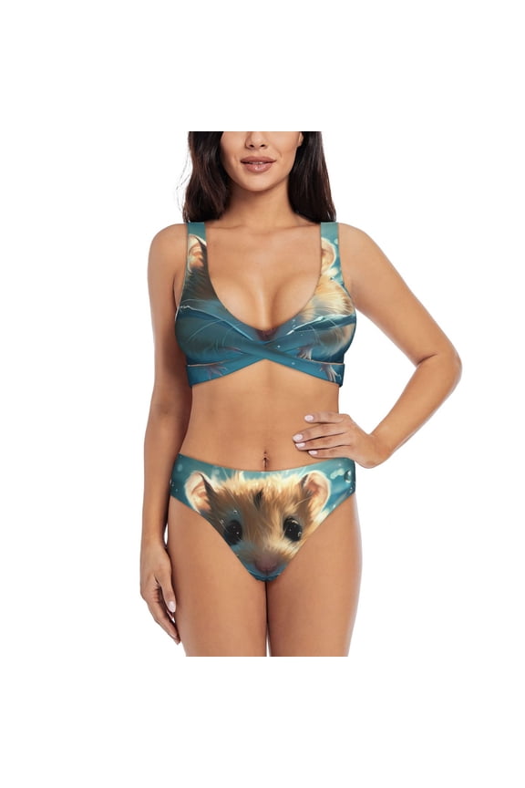 Cute Swimming Guinea Pig Print Women's 2 Piece High Waisted Wrap Spaghetti Strap Summer Swimsuit Bikini Set-Medium