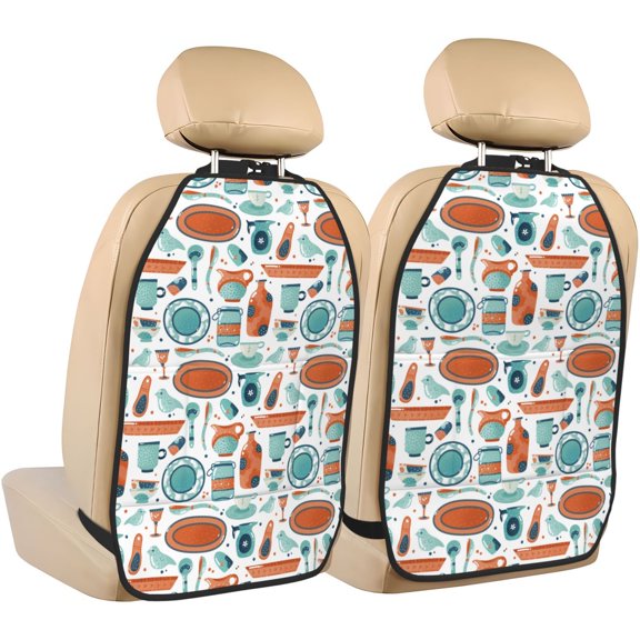 Kdxio Cute Tableware Print 2 Pack Car Kick Mat Seat Cover Back Protector Mat with Pockets for Organizer Backseat Protector and Storage Anti Kick Pad for Vehicles