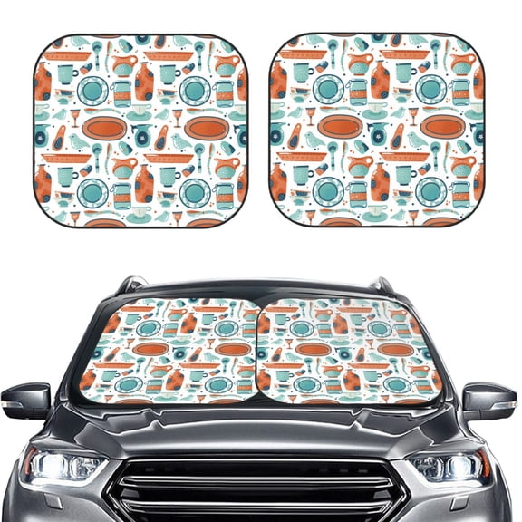 Kdxio Cute Tableware Print 2-Piece Sun Shade Front Windshield - Foldable Car Front Window Sunshades for Most Sedans SUV Truck