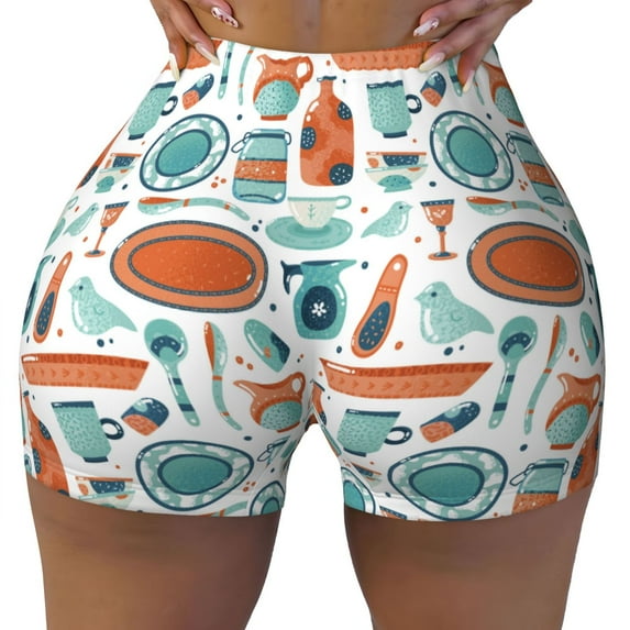 Kdxio Cute Tableware Print Workout Shorts for Women Seamless Soft Smooth Gym Yoga Scrunch Active Shorts