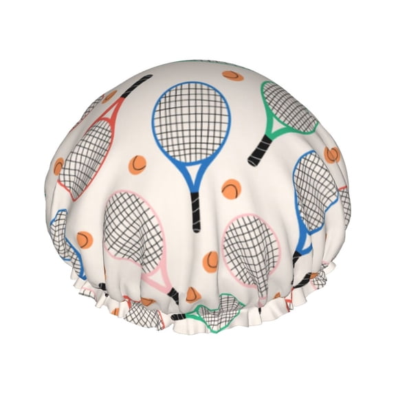 Kdxio Cute Tennis Racket Print Shower Cap for Women,Elastic and Reusable,Double Waterproof Layers Bathing Hat