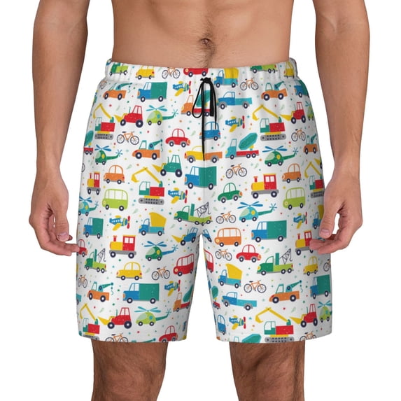 Kdxio Cute Transport Print Men's Swim Trunks with Compression Liner 7 Inch Inseam Quick Dry Swim Shorts
