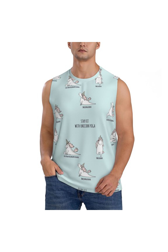 Cute Unicorn Doing Yoga Pose for Men's Muscle T-shirt,Sleeveless for Workout Running Athletic Gym Lounge Casual