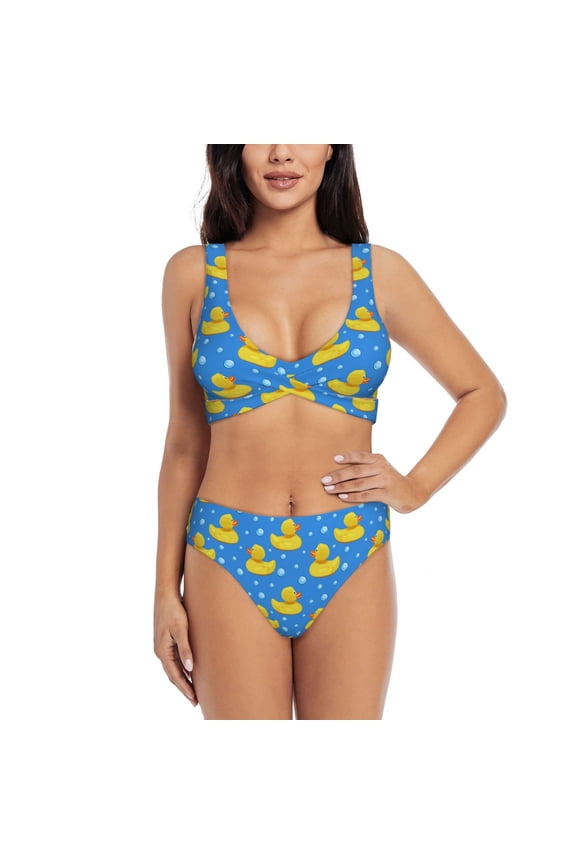 Cute Yellow Rubber Ducks Print Women's 2 Piece High Waisted Wrap Spaghetti Strap Summer Swimsuit Bikini Set-Medium