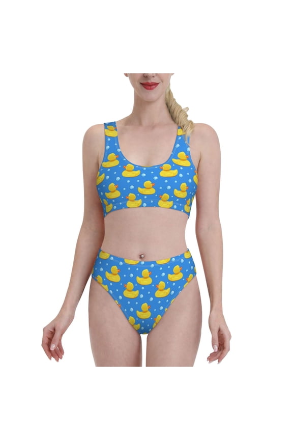 Cute Yellow Rubber Ducks for Womens High Waisted Bikini Top Sports Style Two Piece Bathing Suits