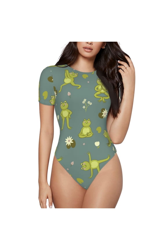 Cute Yoga Frogs for Women's Short-Sleeved Onesie Stylish Round Neck Pajamas Bodysuit Jumpsuit Nightwear-Small