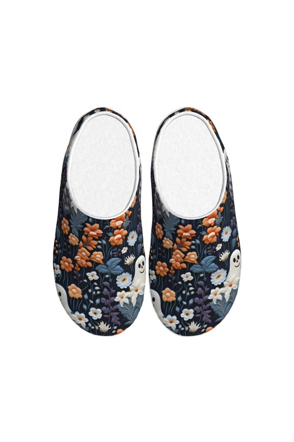 Cute ghost in the flowers Women's Men's Slippers Plush Slip-On House Slipper for Winter Indoor Soft Cushion Non-slip Fluffy Slides Slippers-35/36