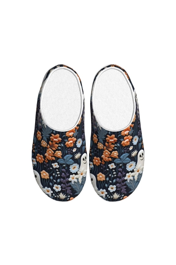 Cute ghost in the flowers Women's Men's Slippers Plush Slip-On House Slipper for Winter Indoor Soft Cushion Non-slip Fluffy Slides Slippers-46/47