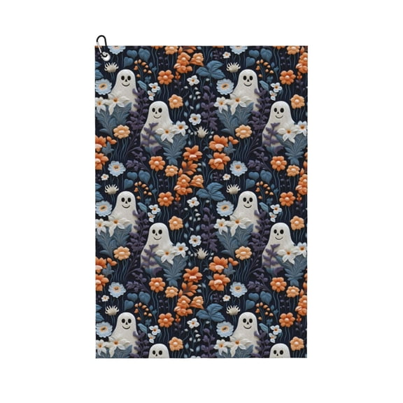 Kdxio Cute ghost in the flowers Pattern Golf Towel (24" X 16") with Carabiner Clip - The Convenient Golf Cleaning Towel