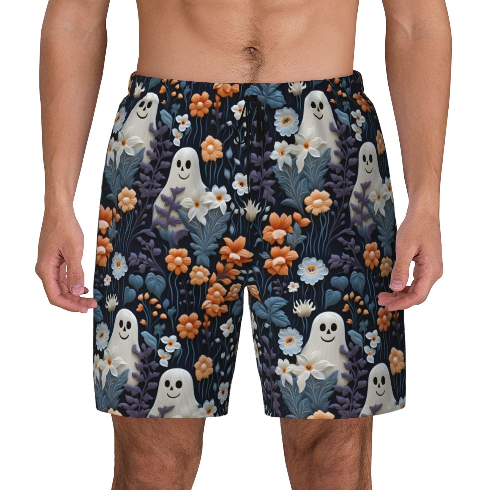Kdxio Cute ghost in the flowers Print Men's Swim Trunks with