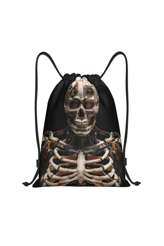 Cyber Skeleton With Tattoos Print Drawstring Backpack Bag,Waterproof Draw String Back Sack, Gym Drawstring Bags Swim Bag For Unisex