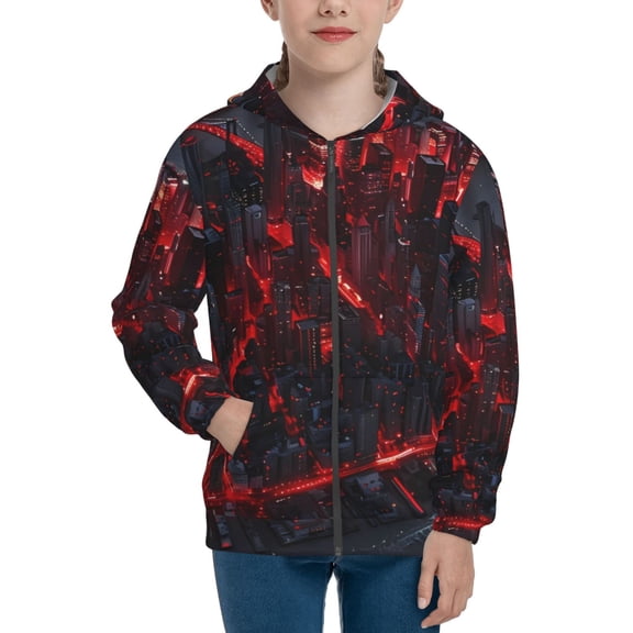Kdxio Cyberpunk Cityscape Lights Pattern Kids Boys Girls Zip Up Hoodie 3D Printed Hooded Sweatshirt Hoody Coat with Pocket 7-12 Y-Medium