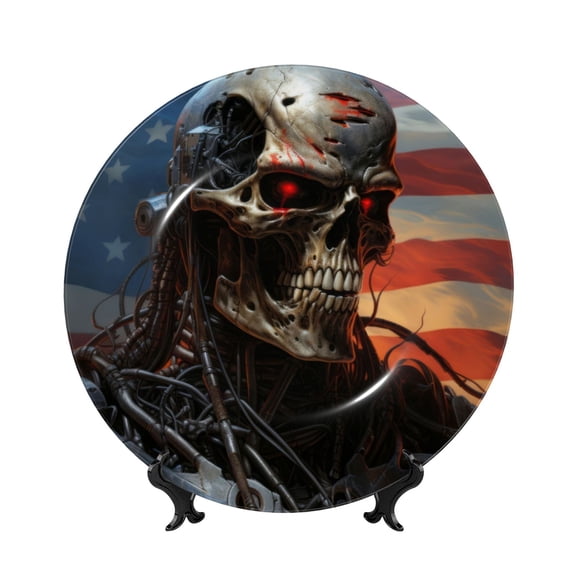 Kdxio Cyberpunk Skull American Flag Bone China Decorative Plate Ceramic Decorative Plate for Home Office Wall Stand Decorative Plates for Home Bedroom-6in