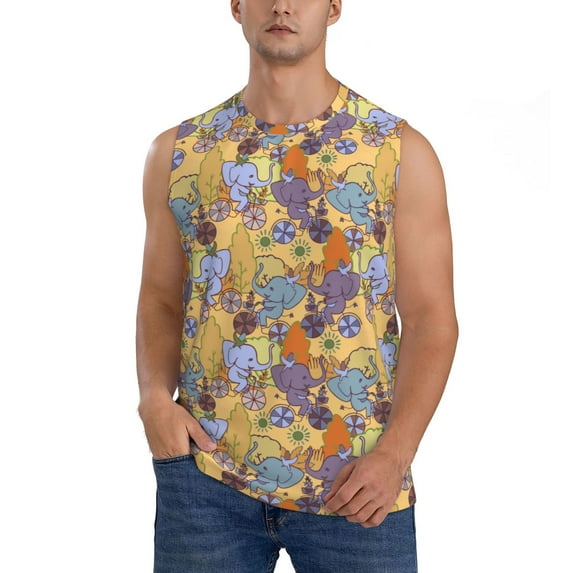 Kdxio Cycling Elephant On Bicycle In Park for Men's Muscle T-shirt,Sleeveless for Workout Running Athletic Gym Lounge Casual