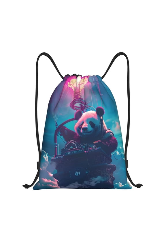 DJ Panda Hot Air Balloon Print Drawstring Backpack Bag,Waterproof Draw String Back Sack, Gym Drawstring Bags Swim Bag For Unisex