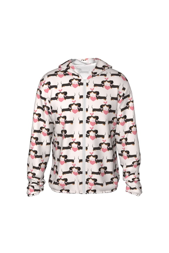 Dachshund And Hearts Print Women Men Sun Protection UPF 50+ Jackets Zip Up Long Sleeve Hoodie Hiking Lightweight with Pockets