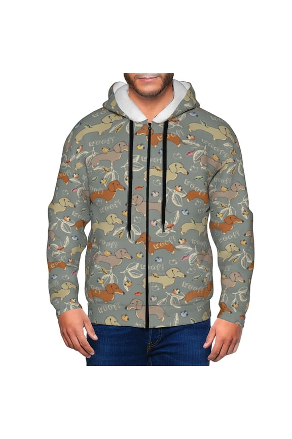 Dachshund Dog Bird Print Men Hoodies Casual Hoodies for Men with Zip Pockets Full Zip Long Sleeve Sweatshirt Sports Hooded Jacket-XX-Large