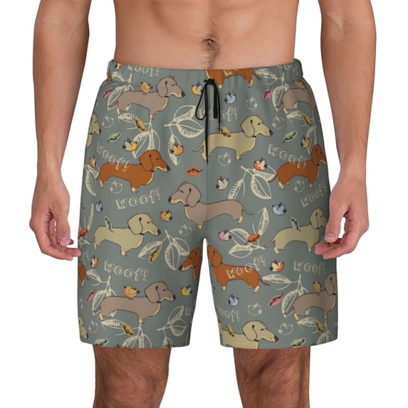 Kdxio Dachshund Dog Bird Print Men's Swim Trunks with Compression Liner 7 Inch Inseam Quick Dry Swim Shorts