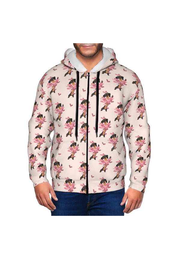 Dachshund Dog Heart Print Men Hoodies Casual Hoodies for Men with Zip Pockets Full Zip Long Sleeve Sweatshirt Sports Hooded Jacket-Large