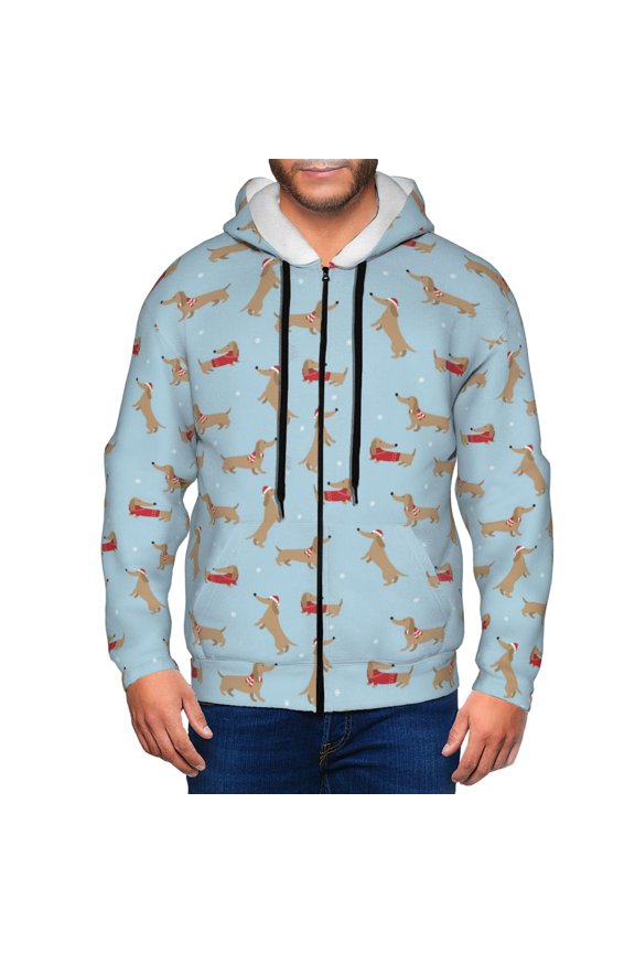 Dachshund Dog Print Men Hoodies Casual Hoodies for Men with Zip Pockets Full Zip Long Sleeve Sweatshirt Sports Hooded Jacket-Large