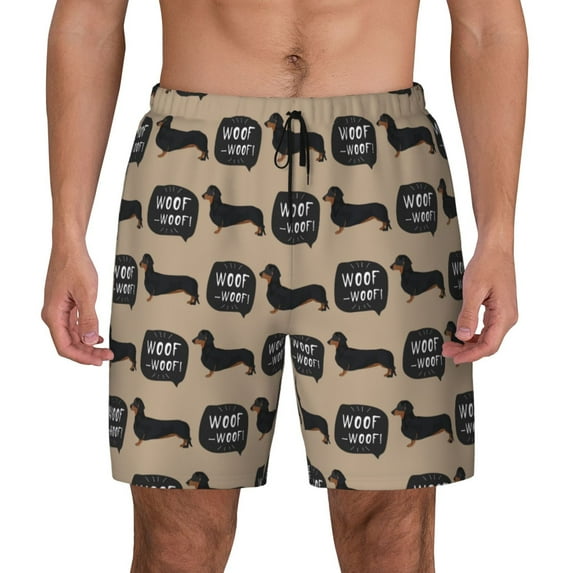 Kdxio Dachshund Dog Woof Print Men's Swim Trunks with Compression Liner 7 Inch Inseam Quick Dry Swim Shorts