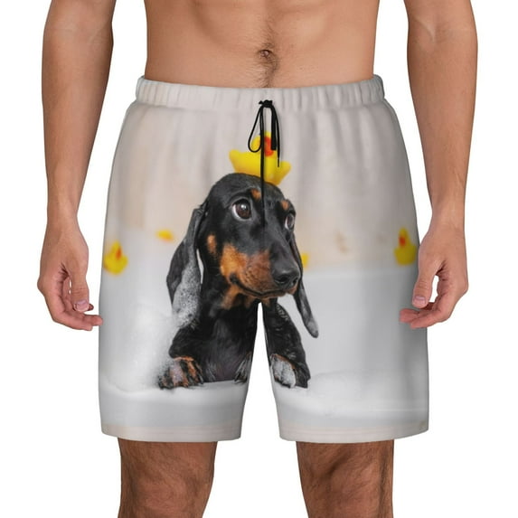 Kdxio Dachshund Sitting In Bathtub Print Men'S Swim Trunks With Compression Liner 7 Inch Inseam Quick Dry Swim Shorts