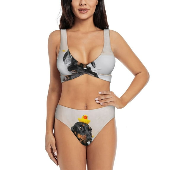 Kdxio Dachshund Sitting in Bathtub Print Women's 2 Piece High Waisted Wrap Spaghetti Strap Summer Swimsuit Bikini Set-Medium