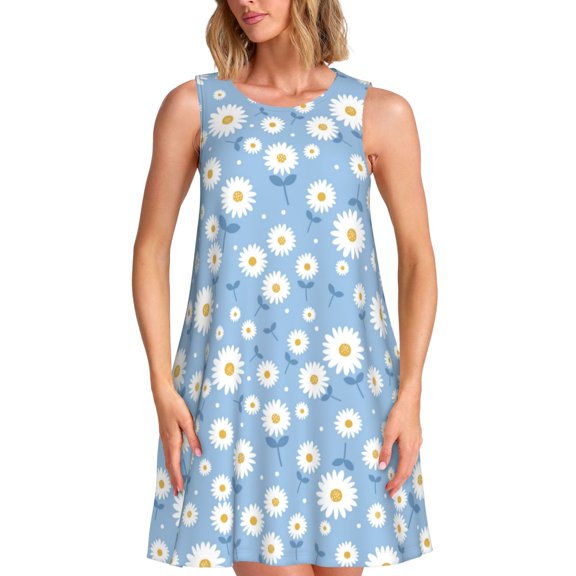 Kdxio Daisies Flowers Pattern Summer Dresses for Women Beac Sleeveless Vintage Floral Flowy Pocket Tshirt Tank Sundresses