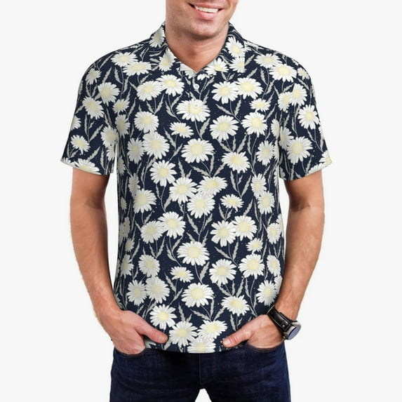 Kdxio Daisies Flowers Print Men's Short Sleeve Polo Shirt,Midweight Men's Shirt
