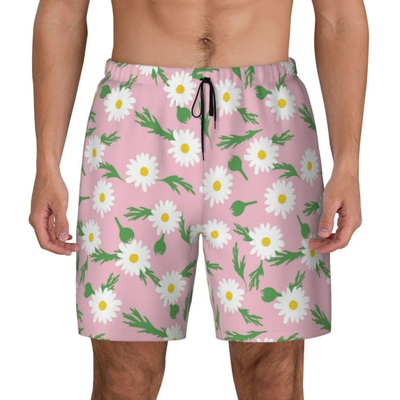 Kdxio Daisies Flowers Print Men's Swim Trunks with Compression Liner 7 Inch Inseam Quick Dry Swim Shorts