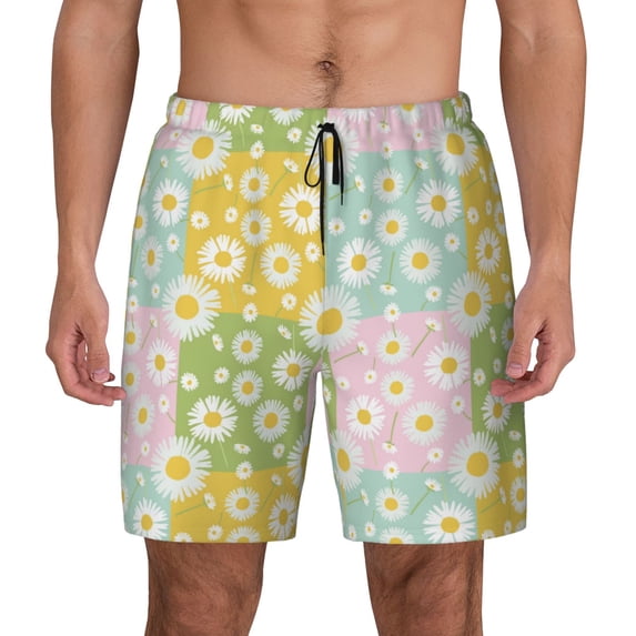 Kdxio Daisies Flowers Print Men's Swim Trunks with Compression Liner 7 Inch Inseam Quick Dry Swim Shorts