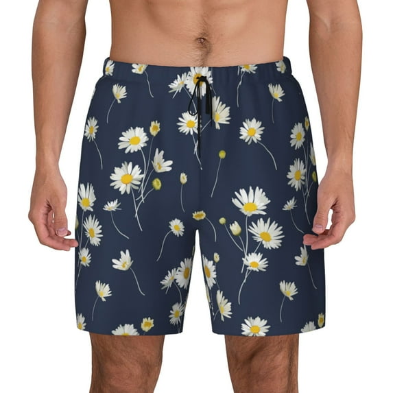 Kdxio Daisies Flowers Print Men's Swim Trunks with Compression Liner 7 Inch Inseam Quick Dry Swim Shorts