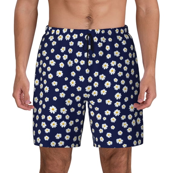 Kdxio Daisies Flowers Print Men's Swim Trunks with Compression Liner 7 Inch Inseam Quick Dry Swim Shorts