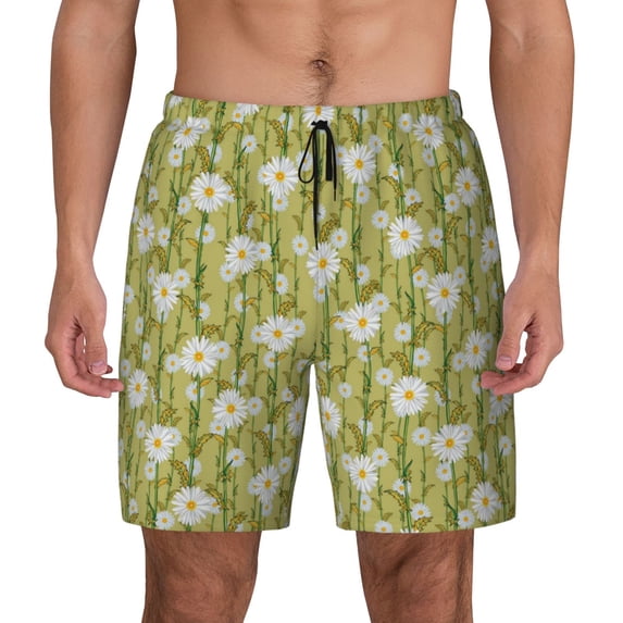 Kdxio Daisies Flowers Print Men's Swim Trunks with Compression Liner 7 Inch Inseam Quick Dry Swim Shorts
