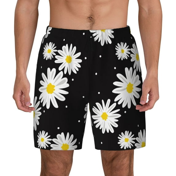 Kdxio Daisies Flowers Print Men's Swim Trunks with Compression Liner 7 Inch Inseam Quick Dry Swim Shorts