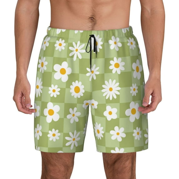 Kdxio Daisies Flowers Print Men's Swim Trunks with Compression Liner 7 Inch Inseam Quick Dry Swim Shorts