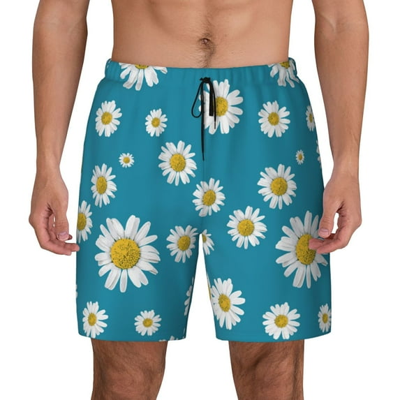 Kdxio Daisies Flowers Print Men's Swim Trunks with Compression Liner 7 Inch Inseam Quick Dry Swim Shorts