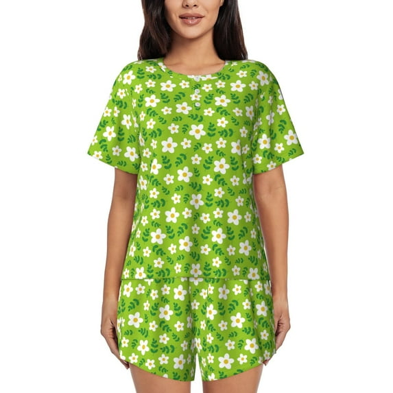 Kdxio Daisies Flowers Print Pajamas Sets for Women Short-Sleeved Pjs with Lounge Shorts Two Piece Sleepwear S-4XL