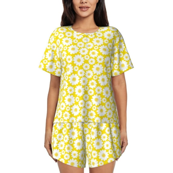 Kdxio Daisies Flowers Print Pajamas Sets for Women Short-Sleeved Pjs with Lounge Shorts Two Piece Sleepwear S-4XL