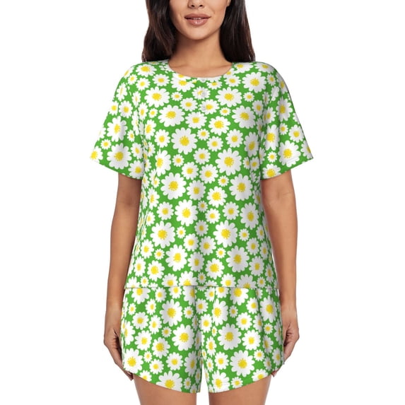 Kdxio Daisies Flowers Print Pajamas Sets for Women Short-Sleeved Pjs with Lounge Shorts Two Piece Sleepwear S-4XL