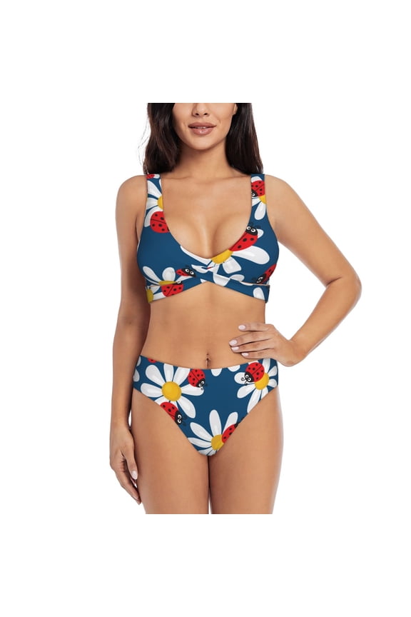 Daisies With Ladybugs Print Women's 2 Piece High Waisted Wrap Spaghetti Strap Summer Swimsuit Bikini Set-Large